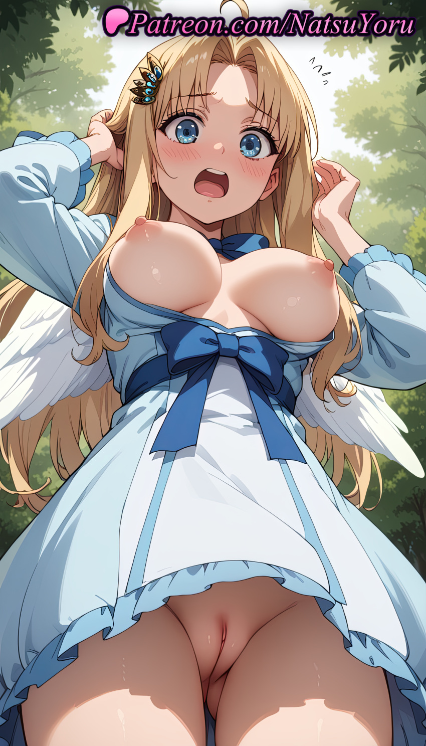 2025 ahoge ai_generated angel_wings anime anime_style arms_up artist_name ass_visible_through_thighs bangs big_breasts bird_wings blonde_hair blue_bow blue_dress blue_eyes blush bow breasts breasts_out breasts_outside bust cleft_of_venus cowboy_shot day dress feathered_wings female_focus female_solo filo_(tate_no_yuusha_no_nariagari) forehead frilled_dress from_below hair_ornament hairless_pussy hentai high_quality high_res high_resolution labia labia_majora long_hair long_sleeves looking_at_viewer looking_down natsuyoru nipples nipples_outside no_bra no_panties non-asian open_clothes open_dress open_mouth outside parted_bangs patreon pussy shaved_pussy stable_diffusion standing tate_no_yuusha_no_nariagari teeth the_rising_of_the_shield_hero thighs tree uncensored uncensored_nipples upper_teeth_only upskirt viewed_from_below voluptuous voluptuous_female white_dress white_wings wings