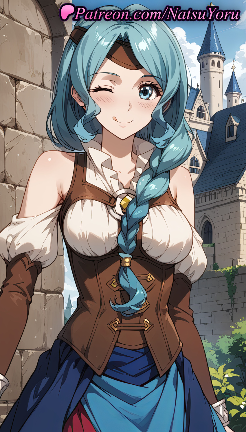 2025 ai_generated anime anime_style aqua_eyes aqua_hair bare_shoulders big_breasts blue_eyes blue_hair blue_skirt blue_sky blush braid braided_ponytail breasts brick_wall bust castle closed_mouth clothing_cutout cloud collarbone corset cowboy_shot day detached_sleeves female_focus female_solo gloves hair_over_shoulder headband hentai high_quality high_res high_resolution long_hair long_sleeves looking_at_viewer medium_breasts natsuyoru non-asian one_eye_closed outside patreon puffy_sleeves red_skirt shirt shoulder_cutout single_braid skirt sky smile stable_diffusion standing tate_no_yuusha_no_nariagari the_rising_of_the_shield_hero therese_alexanderite tongue tongue_out voluptuous voluptuous_female