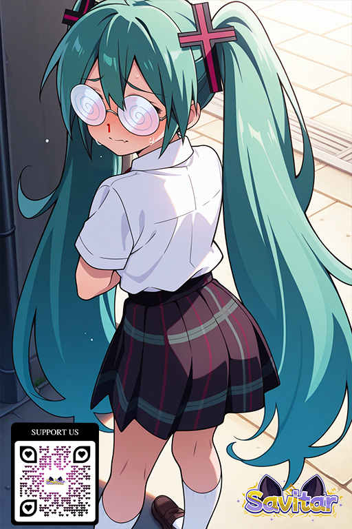 1girl 1girl 1girl @_@ ahoge ai_generated aqua_hair arms_behind_back bangs black_clothes black_footwear black_skirt b***d blush bow breasts brown_footwear clothing coke-bottle_glasses collared_shirt cross eyewear fang footwear full_body glasses green_hair hair_between_eyes hair_ornament hair_ribbon indoors kneehighs knees_together_feet_apart legwear littlehentai loafers long_hair looking_at_viewer miku_hatsune miniskirt neck_tie neckwear nosebleed open_mouth plaid plaid_skirt pleated_skirt red_necktie ribbon round_eyewear savitar savitar_(artist) school_uniform shirt shoes short_sleeves skirt slip-on_shoes socks standing sweatdrop tied_hair twin_tails uniform very_long_hair vocaloid white_legwear white_shirt white_socks x_hair_ornament