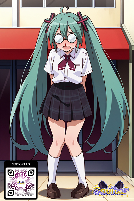 1girl 1girl 1girl @_@ ahoge ai_generated aqua_hair arms_behind_back bangs black_clothes black_footwear black_skirt b***d blush bow breasts brown_footwear clothing coke-bottle_glasses collared_shirt cross eyewear fang footwear full_body glasses green_hair hair_between_eyes hair_ornament hair_ribbon indoors kneehighs knees_together_feet_apart legwear littlehentai loafers long_hair looking_at_viewer miku_hatsune miniskirt neck_tie neckwear nosebleed open_mouth plaid plaid_skirt pleated_skirt red_necktie ribbon round_eyewear savitar savitar_(artist) school_uniform shirt shoes short_sleeves skirt slip-on_shoes socks standing sweatdrop tied_hair twin_tails uniform very_long_hair vocaloid white_legwear white_shirt white_socks x_hair_ornament