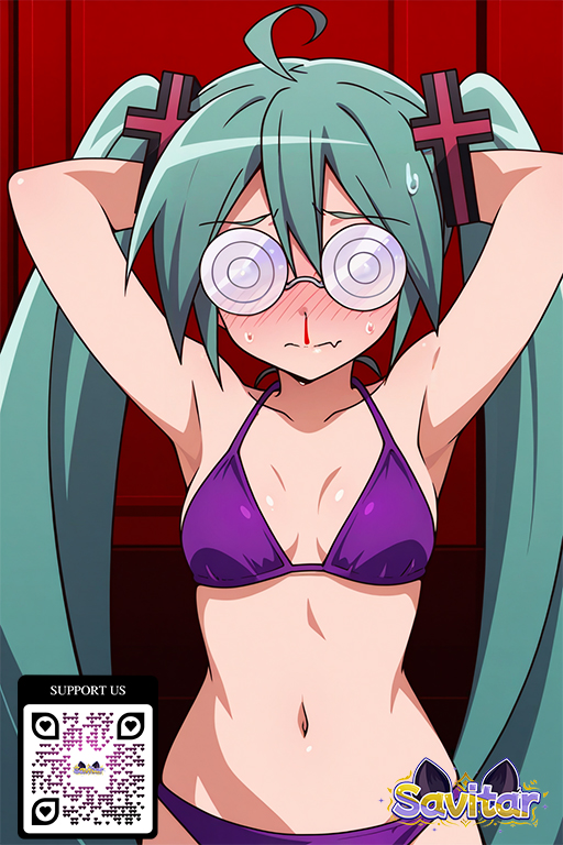 1girl 1girl 1girl @_@ ahoge ai_generated aqua_hair armpits arms_behind_head arms_up bangs bikini b***d blush breasts clothing coke-bottle_glasses eyewear glasses hair_ornament littlehentai long_hair looking_at_viewer miku_hatsune navel nosebleed purple_bikini purple_swimsuit savitar savitar_(artist) small_breasts sweat swimsuit tied_hair twin_tails very_long_hair vocaloid