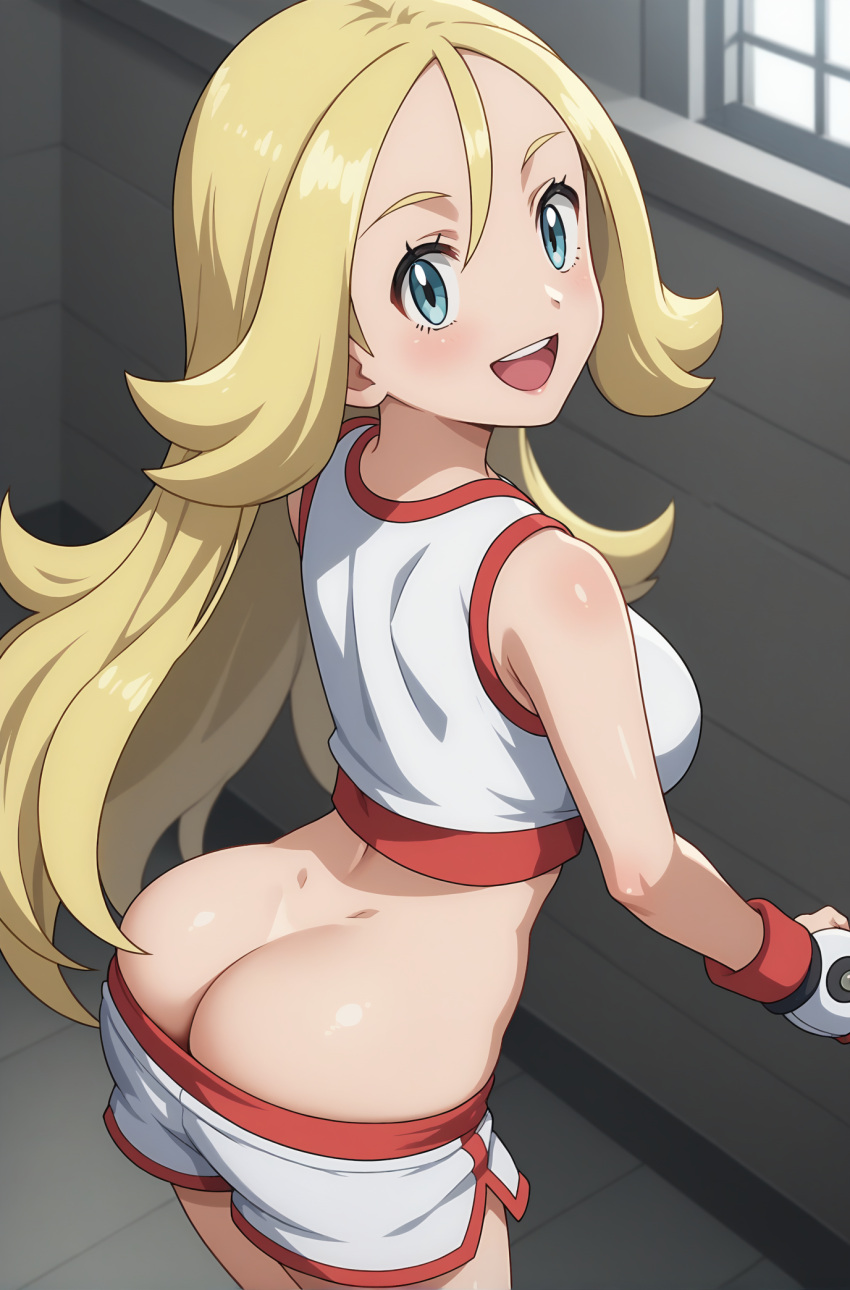 1girl ai_generated ass ass_cleavage back_view blonde_hair clothed_female dolphin_shorts korrina_(pokemon) pokemon pokemon_xy tank_top unknown_artist