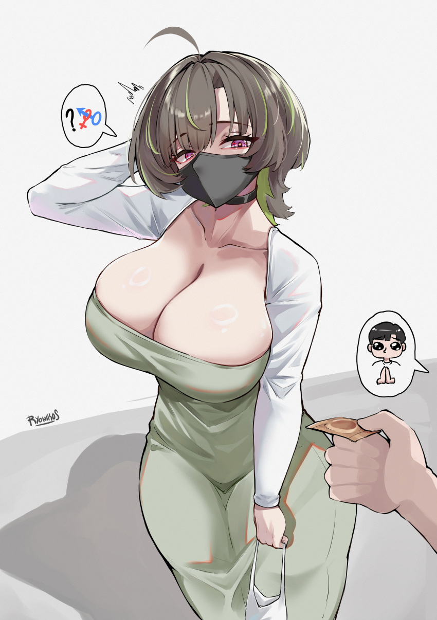 1boy 1girl absurd_res ahoge artist_name bag begging big_breasts black_choker black_hair black_mask breasts brown_hair choker condom condom_wrapper curvy dongtan_dress dress green_dress green_hair heart heart-shaped_pupils high_res holding holding_bag interlocked_mars_and_venus_symbols jacket mars_symbol mask medium_hair meme_attire mouth_mask multicolored_hair original own_hands_together palms_together pencil_dress purple_eyes ryonikos scoop_neck speech_bubble streaked_hair symbol-shaped_pupils taut_clothes taut_dress venus_symbol white_jacket