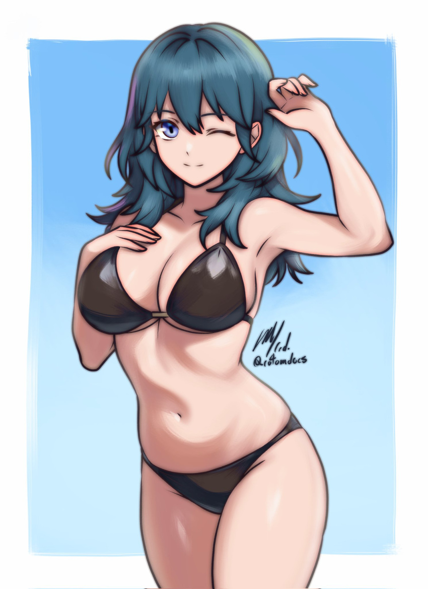 1girl 1girl 1girl ;) big_breasts bikini black_bikini blue_eyes byleth_(fire_emblem) byleth_(fire_emblem)_(female) cleavage cowboy_shot fire_emblem fire_emblem:_three_houses hand_on_own_chest high_res long_hair navel nintendo one_eye_closed rotomdocs smile swimsuit teal_eyes teal_hair