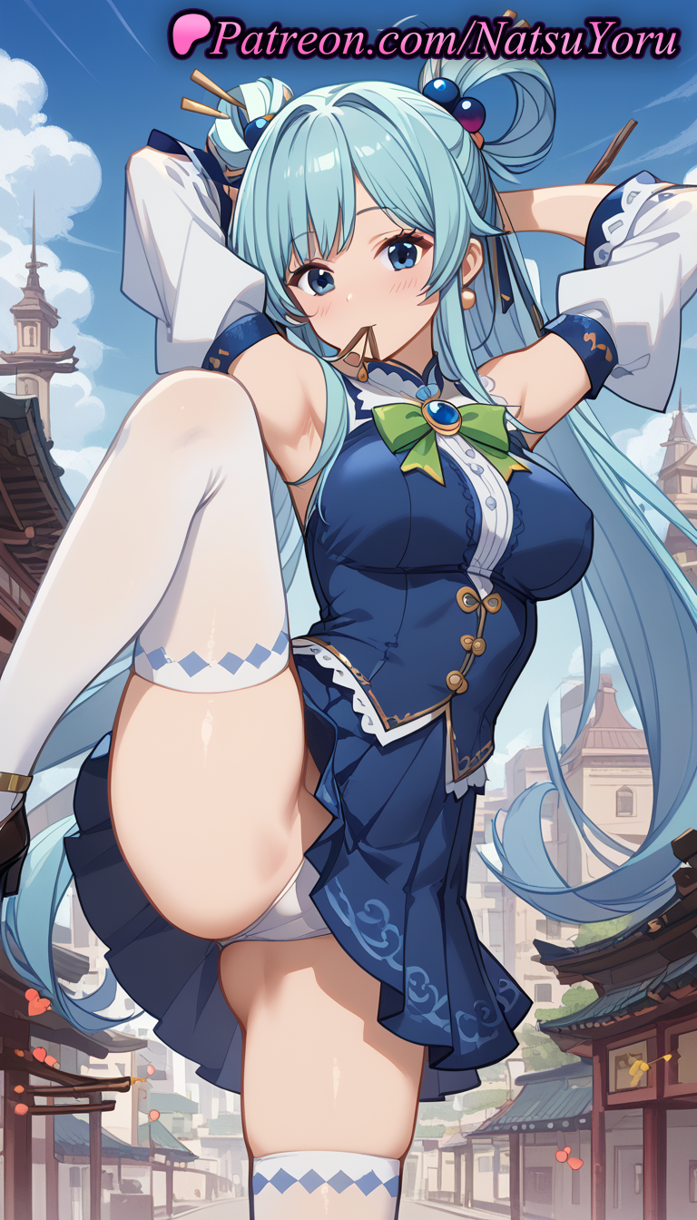 1girl 1girl 1girls 2025 ai ai_generated anime anime_style aqua_(konosuba) aqua_hair architecture armpit armpits arms_behind_head arms_up asian ass bangs bare_shoulders big_breasts big_breasts blue_eyes blue_hair blue_shirt blue_skirt blue_sky blue_vest blush bow bowtie breasts brooch building bust cameltoe cloud day detached_sleeves earrings female_focus female_only green_bow green_bowtie hair_bobbles hair_ornament hair_rings hair_stick hair_tie_in_mouth hentai high_quality high_res high_res high_resolution jewelry juicy_butt kono_subarashii_sekai_ni_shukufuku_wo! leg_lift long_hair long_sleeves looking_at_viewer medium_breasts miniskirt mouth_hold natsuyoru outside panties panties pantyshot patreon pleated_skirt shirt single_hair_ring skindentation skirt sky sleeveless sleeveless_shirt solo_female split spread_legs stable_diffusion standing standing_on_one_leg stockings thighs twin_tails underwear very_long_hair voluptuous voluptuous_female white_panties white_sleeves white_thighhighs