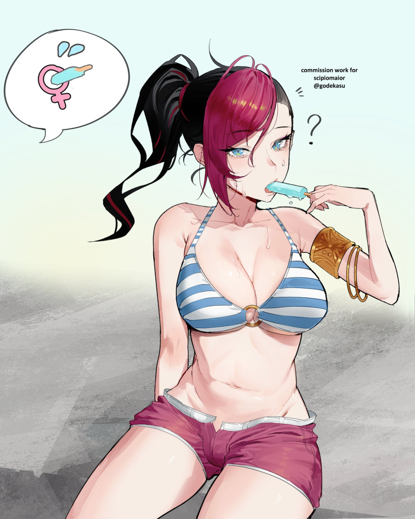 1girl 1girl ? arm_behind_back armlet bare_shoulders big_breasts bikini bikini_top_only black_hair blue_eyes breasts cleavage commentary commission english_commentary fiora_(league_of_legends) flying_sweatdrops food godekasu hand_up high_res holding jewelry league_of_legends looking_at_viewer multicolored_hair navel notice_lines o-ring o-ring_top open_mouth pink_hair ponytail popsicle red_shorts short_shorts shorts sitting spoken_flying_sweatdrops spoken_venus_symbol striped_bikini striped_clothes sweat swimsuit twitter_username two-tone_hair venus_symbol