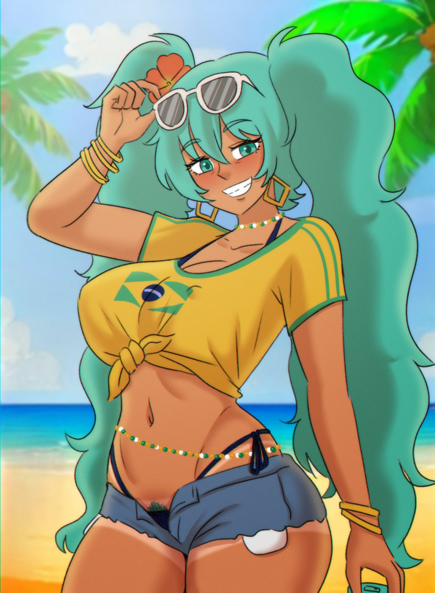 1girl 1girl beach big_breasts brazilian_miku breasts cosplay dark-skinned_female dark_skin earrings hatsune_miku_(cosplay) jeans_shorts long_hair miku_hatsune panties shorts smile sunglasses