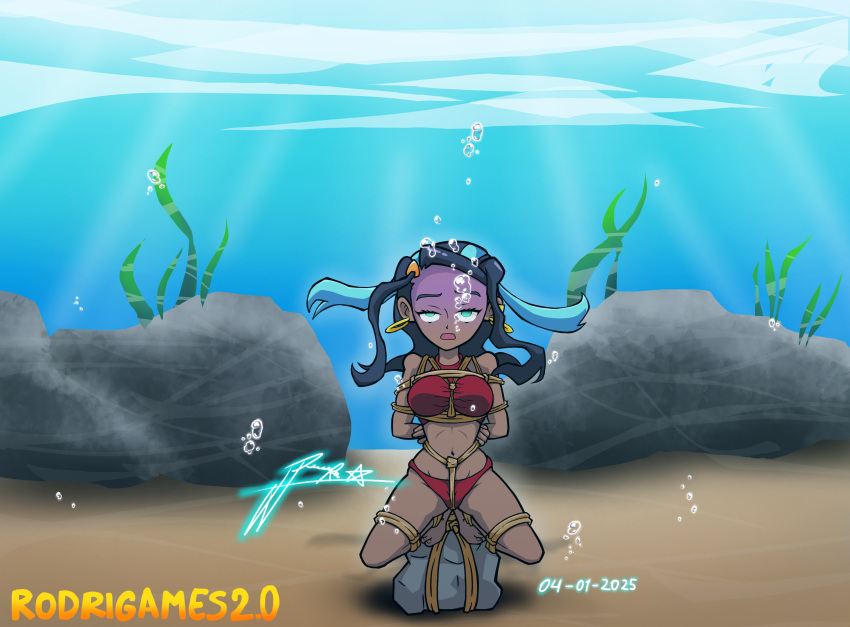 1girl air_bubbles artist_name asphyxiation barefoot big_breasts bikini bondage breasts bubbles cameltoe cyanosis dark-skinned_female dark_skin dated drowning feet female hands_behind_back ibispaintx imminent_death navel nessa_(pokemon) nintendo ocean peril pokemon red_bikini red_swimsuit rock rodrigames2.0 rope rope_bondage sea signature solo swimsuit tied_up underwater underwater_peril water