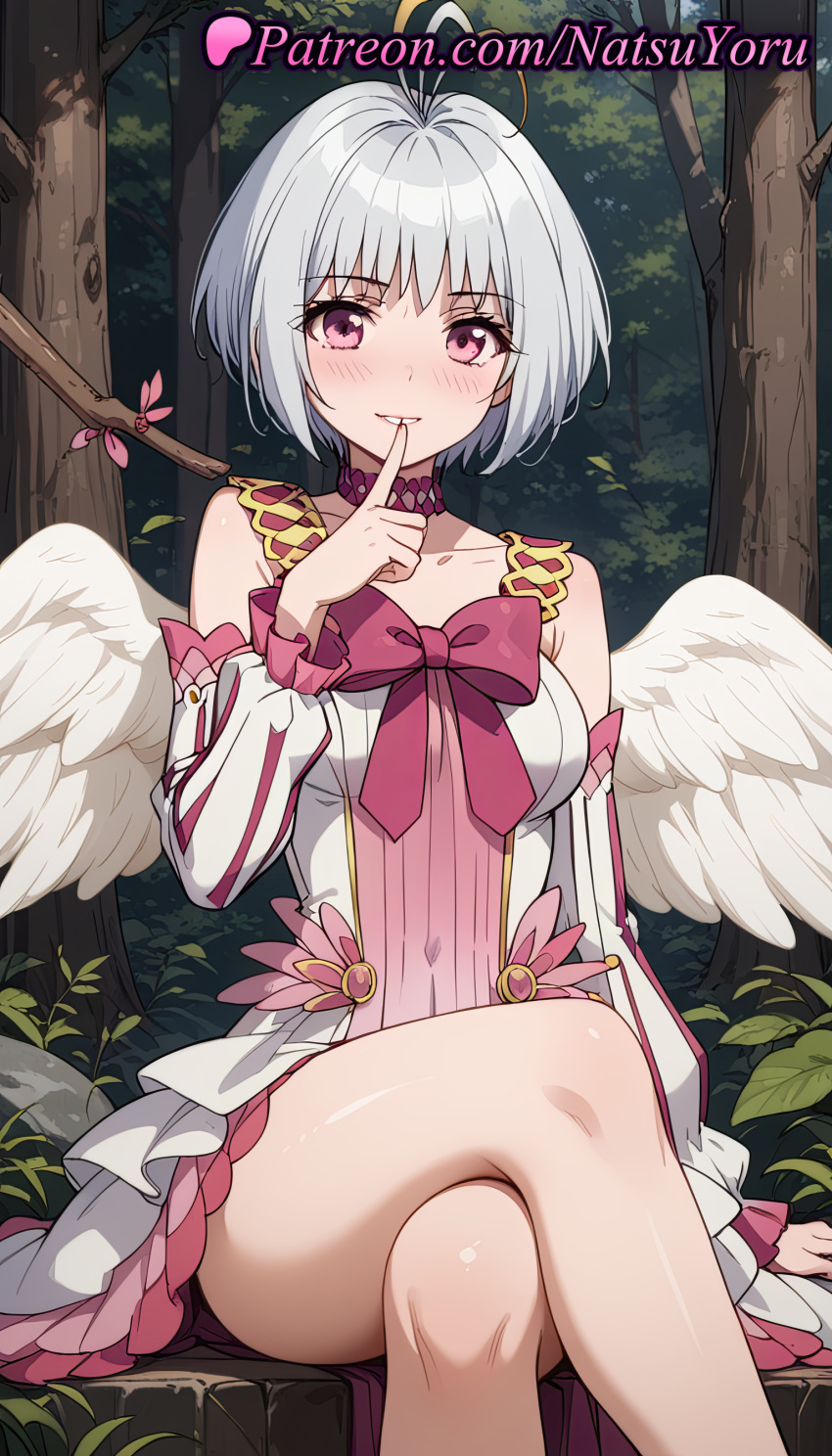 2025 ahoge ai_generated angel_wings anime anime_style antenna_hair asian bangs bare_shoulders big_breasts blush bow breasts bust choker collarbone crossed_legs detached_sleeves dress feathered_wings feet_out_of_frame female_focus finger_to_mouth fitoria forest grey_hair hair_intakes halo hentai high_quality high_res high_resolution index_finger_raised legs long_sleeves looking_at_viewer medium_breasts natsuyoru nature outside pantyhose parted_lips patreon pink_bow pink_choker pink_dress pink_eyes short_hair shushing silver_hair sitting sleeveless sleeveless_dress smile stable_diffusion tate_no_yuusha_no_nariagari the_rising_of_the_shield_hero thighs tree voluptuous voluptuous_female white_dress white_hair white_sleeves white_wings wings