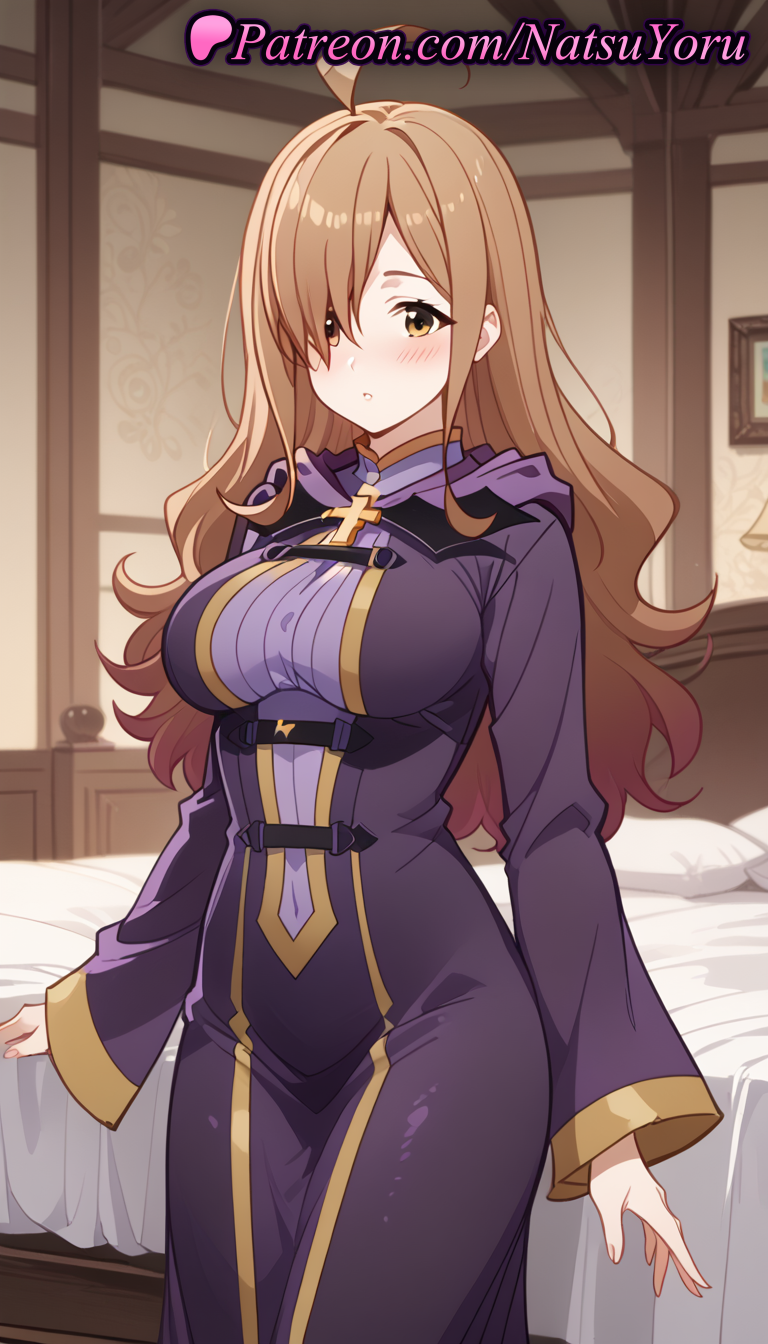 2025 ahoge ai_generated anime anime_style arms_at_sides bangs bed bedroom big_breasts blush breasts brown_eyes brown_hair bust closed_mouth covered_navel cowboy_shot cross dress female_focus hair_over_one_eye hentai high_quality high_res high_resolution hood hood_down indoors kono_subarashii_sekai_ni_shukufuku_wo! latin_cross long_dress long_hair long_sleeves looking_at_viewer natsuyoru parted_lips patreon pillow purple_dress purple_robe robe stable_diffusion standing voluptuous voluptuous_female wavy_hair wide_sleeves wiz_(konosuba) yellow_eyes