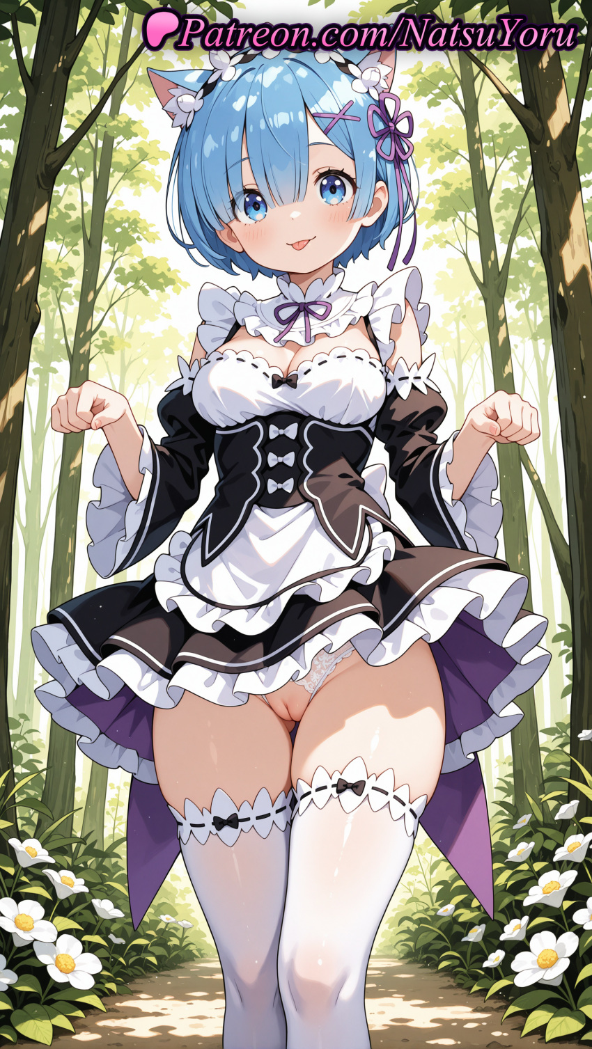 2025 ai_assisted ai_generated animal_ear_fluff animal_ears anime anime_style apron ass_visible_through_thighs bangs big_breasts black_dress black_ribbon black_sleeves blue_eyes blue_hair blush bow breasts bust cat_ears cleavage cleft_of_venus closed_mouth clothing_aside collar crotchless day detached_collar detached_sleeves dress feet_out_of_frame female_focus female_solo flower flower_knot flowers forest frilled_apron frilled_dress frilled_sleeves frills hair_between_eyes hair_clips hair_flower hair_ornament hair_over_one_eye hair_ribbon hairband hands_up hentai high_quality high_res high_resolution juliet_sleeves kemonomimi_mode long_sleeves looking_at_viewer maid maid_headdress maid_uniform medium_breasts natsuyoru nature neck_ribbon no_panties outside panties patreon paw_pose pink_ribbon puffy_sleeves purple_ribbon pussy re:zero_kara_hajimeru_isekai_seikatsu rem_(re:zero) ribbon ribbon_trim roswaal_mansion_maid_uniform short_hair smile stable_diffusion standing stockings thighs tongue tongue_out tree two-tone_dress uncensored underbust underwear upskirt voluptuous voluptuous_female waist_apron white_apron white_flower white_legwear white_panties white_thighhighs wide_sleeves x_hair_ornament