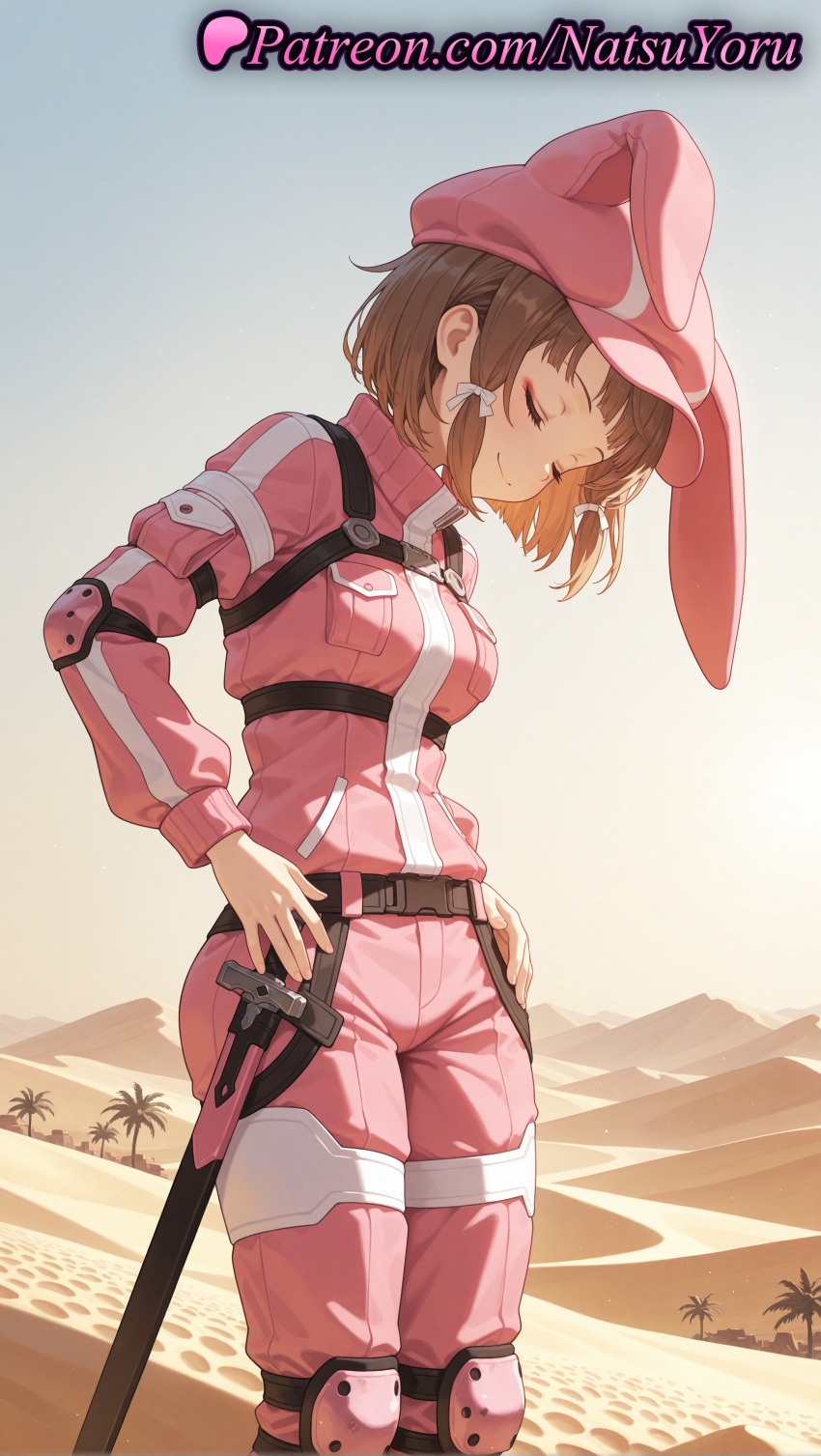 2025 ai_assisted ai_generated animal_ears animal_hat anime anime_style bangs beach belt big_breasts blush braid breast_pocket breasts brown_hair bunny_hat bust closed_eyes closed_mouth clothing day desert elbow_pads fake_animal_ears female_focus female_solo gun gun_gale_online hair_ribbon hand_on_hip hands_on_hips hands_on_own_hips hat hentai high_quality high_res high_resolution jacket knee_pads kohiruimaki_karen llenn_(sao) long_sleeves medium_breasts natsuyoru outside palm_tree pants patreon pink_headwear pink_jacket pink_pants pocket rabbit_ears rabbit_hat ribbon sand sheath sheathed short_hair sky smile stable_diffusion standing sword sword_art_online tree uniform voluptuous voluptuous_female weapon