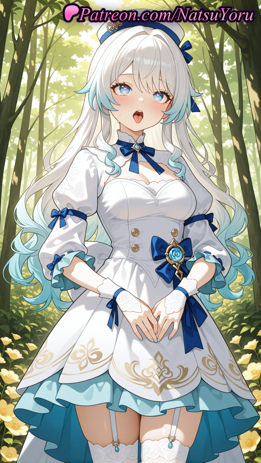 2025 ai_generated alternate_hairstyle anime anime_style aqua_nails bangs beret big_breasts blue_bow blue_bowtie blue_eyes blue_hair blue_nails blush bow bowtie breasts bridal_gauntlets bust cleavage clothing cowboy_shot detached_collar dress female_focus female_solo fingerless_gloves flower flowers forest frilled_dress frills garter_straps gloves gradient_hair hat heart heart-shaped_pupils hentai high_quality high_res high_resolution light_blue_hair long_hair long_sleeves looking_at_viewer medium_breasts multi-colored_hair multicolored_hair nail_polish natsuyoru nature oc open_mouth original original_character outside patreon plant puffy_sleeves ribbon saliva sidelocks stable_diffusion standing stockings symbol-shaped_pupils teeth tongue tongue_out tree upper_teeth_only vision_(genshin_impact) voluptuous voluptuous_female white_dress white_garter_straps white_hair white_headwear white_legwear white_thighhighs yellow_flower zettai_ryouiki