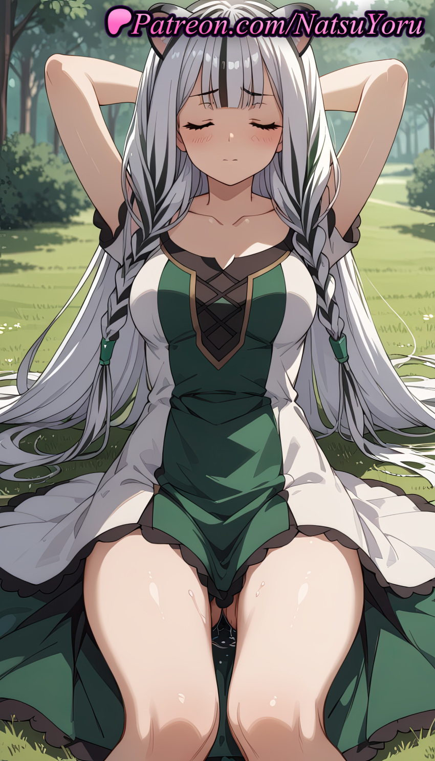 2025 ai_generated animal_ears anime anime_style arms_behind_head arms_up asian ass_visible_through_thighs atla_fayon bangs big_breasts black_hair blush braid breasts bust cat_ears cleavage closed_eyes closed_mouth clothing collarbone dress facing_viewer feet_out_of_frame female_focus grass green_dress grey_hair hair_ornament hentai high_quality high_res high_resolution legs long_hair medium_breasts multicolored_clothes multicolored_dress multicolored_hair natsuyoru outside patreon pussy_juice short_sleeves side_braids silver_hair sitting stable_diffusion streaked_hair sweat tate_no_yuusha_no_nariagari the_rising_of_the_shield_hero thighs tiger_ears tiger_girl tree twin_braids two-tone_dress two-tone_hair very_long_hair voluptuous voluptuous_female white_dress white_hair