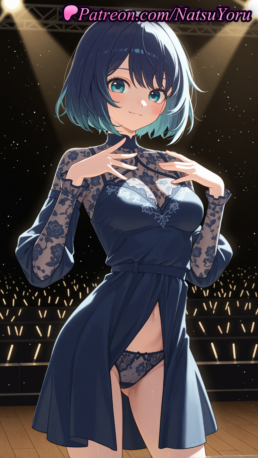 2025 ai_generated anime anime_style aqua_eyes aqua_hair asian ass_visible_through_thighs audience bangs big_breasts black_dress black_panties blue_dress blue_eyes blue_hair blush bow_panties breasts bust cleavage closed_mouth concert cowboy_shot dress female_focus glowstick gradient_hair hands_on_own_chest hands_up hentai high_quality high_res high_resolution kurokawa_akane lace lace_panties lingerie long_sleeves looking_at_viewer medium_breasts multicolored_hair natsuyoru navel oshi_no_ko panties patreon puffy_long_sleeves puffy_sleeves see-through see-through_sleeves short_hair smile spotlight stable_diffusion stage stage_lights standing thighs underwear voluptuous voluptuous_female