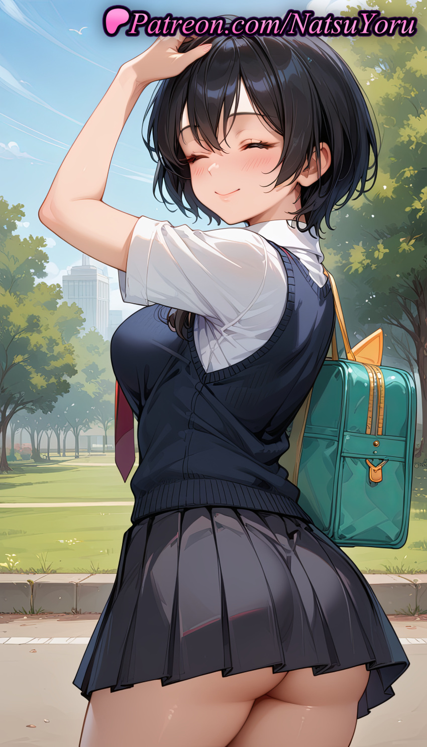 2025 ai_generated anime anime_style arm_up arms_up asian ass backpack bag bangs big_breasts black_hair black_skirt black_sweater_vest black_vest blouse blue_sky blue_sweater_vest blush bookbag breasts building bust closed_eyes closed_mouth collared_shirt cowboy_shot day facing_viewer female_focus from_behind hentai high_quality high_res high_resolution juicy_butt lips marvel marvel_comics marvel_rivals medium_breasts miniskirt natsuyoru neck_tie no_panties outside park patreon peni_parker peni_parker_(marvel_rivals) pleated_skirt red_necktie school_bag school_uniform shirt short_hair short_sleeves skirt sky sleeveless_sweater smile spider-verse spiderverse stable_diffusion standing sweater_vest thighs tree underbutt vest voluptuous voluptuous_female white_shirt