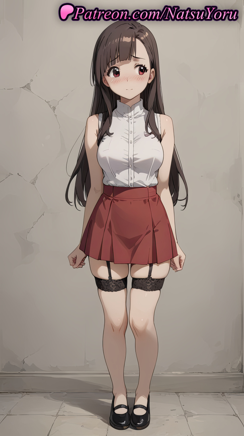 2025 ai_generated anime anime_style arms_at_sides asian asymmetrical_bangs averting_eyes bangs bare_arms bare_shoulders big_breasts black_footwear black_garter_straps blunt_bangs blush breasts brown_eyes brown_hair bust buttons clenched_hands closed_mouth collared_shirt embarrassed female_focus full_body garter_belt garter_straps hentai high-waist_skirt high_heels high_quality high_res high_resolution kono_subarashii_sekai_ni_shukufuku_wo! lace-trimmed_legwear lace_trim long_hair looking_at_viewer looking_away looking_to_the_side mary_janes medium_breasts miniskirt natsuyoru patreon pleated_skirt red_eyes red_skirt shirt shirt_tucked_in shoes skindentation skirt sleeveless sleeveless_blouse sleeveless_shirt smile stable_diffusion standing stockings straight_hair thighs voluptuous voluptuous_female white_shirt yuiyui_(konosuba) zettai_ryouiki