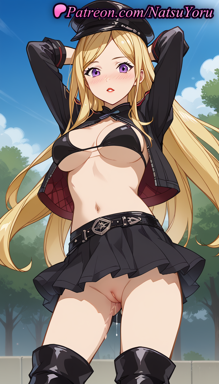 2025 ai_generated anime anime_style arms_behind_head arms_up ass_visible_through_thighs bangs belt big_breasts bikini bikini_top bikini_top_only bishamon bishamon_(noragami) black_belt black_bikini black_footwear black_headwear black_jacket black_skirt black_thighhighs blonde_hair blue_sky blush boots breasts bust cleavage cleft_of_venus cloud cowboy_shot cropped_jacket day female_focus female_solo hat hentai high_quality high_res high_resolution jacket labia lipstick long_hair long_sleeves looking_at_viewer makeup medium_breasts microskirt miniskirt multicolored_jacket natsuyoru navel no_panties noragami open_clothes open_jacket outside parted_bangs parted_lips patreon peaked_cap pleated_skirt purple_eyes pussy pussy_juice pussy_juice_drip pussy_juice_trail red_lips shrug_(clothing) skirt sky stable_diffusion standing stockings stomach swimsuit thigh_high_boots thighs tree two-sided_fabric two-tone_jacket uncensored upskirt very_long_hair voluptuous voluptuous_female