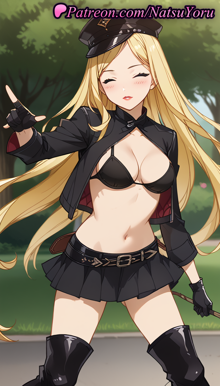 2025 ai_generated anime anime_style ass_visible_through_thighs belt big_breasts bikini bikini_top bikini_top_only bishamon bishamon_(noragami) black_bikini black_footwear black_gloves black_headwear black_jacket black_skirt black_thighhighs blonde_hair blush boots bra breasts bust cleavage closed_eyes clothing collarbone cowboy_shot cropped_jacket day facing_viewer female_focus fingerless_gloves gloves hat hentai high_quality high_res high_resolution holding holding_riding_crop jacket leather lipstick long_hair long_sleeves makeup medium_breasts midriff miniskirt natsuyoru navel noragami open_clothes open_jacket open_mouth outside parted_bangs parted_lips patreon peaked_cap pleated_skirt pointing police_hat police_uniform pouch riding_crop shrug_(clothing) skirt smile stable_diffusion standing stockings stomach swimsuit thigh_high_boots thighs tree uniform very_long_hair voluptuous voluptuous_female whip