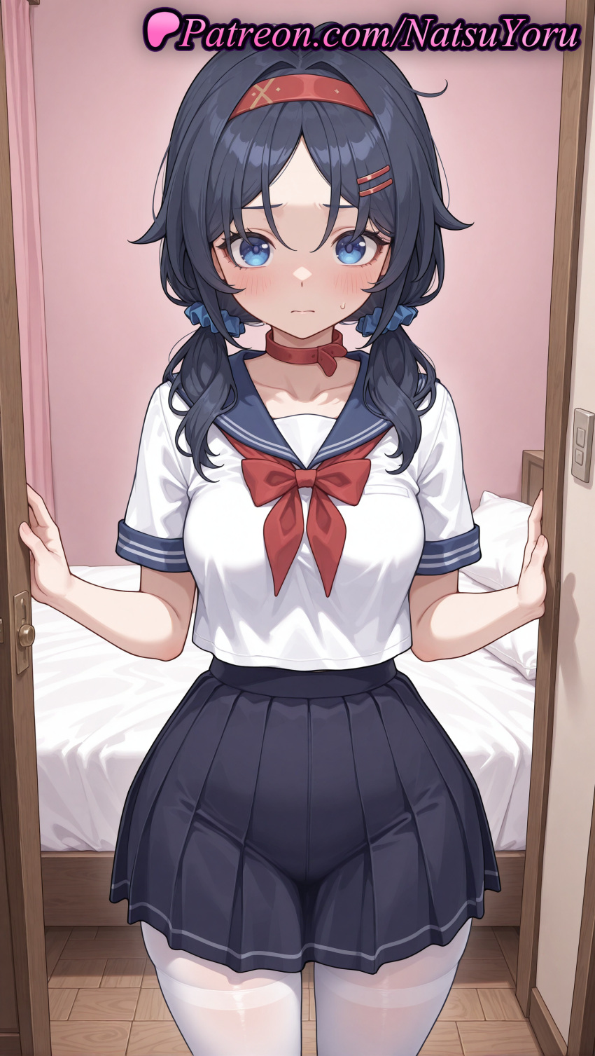 2025 ai_generated anime anime_style bangs bed bedroom big_breasts black_hair black_skirt blue_eyes blue_hair blue_sailor_collar blue_skirt blush bow bowtie breasts bust choker closed_mouth clothing collarbone cowboy_shot crazy_mita_(miside) door doorway female_focus hair_ornament hair_scrunchie hairband hairclip hentai high_quality high_res high_resolution indoors legwear long_hair looking_at_viewer low_twintails medium_breasts miniskirt miside mita_(miside) natsuyoru neckerchief pantyhose parted_bangs patreon pillow pleated_skirt red_bow red_bowtie red_choker red_hairband red_neckerchief sailor_collar sailor_uniform school_uniform scrunchie serafuku shirt short_sleeves skirt stable_diffusion standing stockings sweatdrop thighband_pantyhose thighs twin_tails voluptuous voluptuous_female white_legwear white_pantyhose white_shirt white_thighhighs wooden_floor