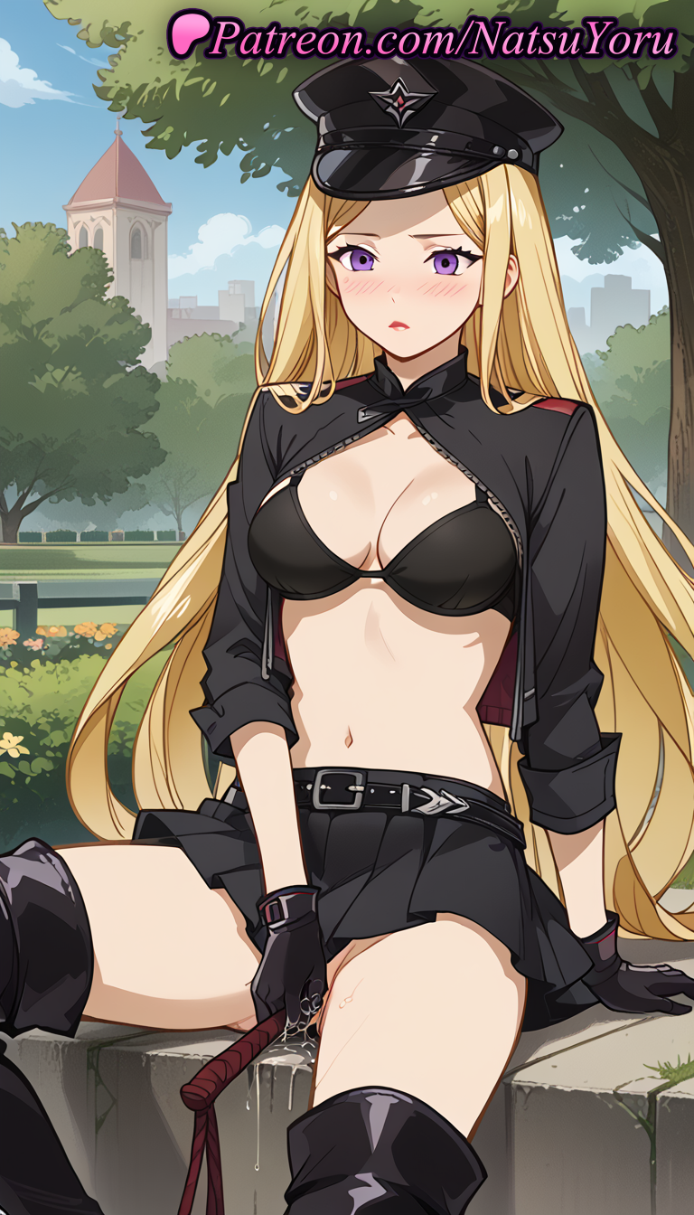 2025 ai_generated anime anime_style belt big_breasts bikini bikini_top bikini_top_only bishamon bishamon_(noragami) black_belt black_bikini black_bra black_footwear black_gloves black_headwear black_jacket black_skirt black_thighhighs blonde_hair blue_sky blush boots bra breasts bush bust cleavage closed_mouth cloud collarbone cropped_jacket day female_focus female_masturbation gloves hat hentai high_quality high_res high_resolution holding holding_whip jacket lipstick long_hair long_sleeves looking_at_viewer makeup masturbation masturbation_through_clothes medium_breasts miniskirt natsuyoru navel noragami open_clothes open_jacket open_mouth outside patreon peaked_cap pleated_skirt purple_eyes pussy_juice pussy_juice_trail red_lips shrug_(clothing) sitting skirt sky stable_diffusion stockings stomach swimsuit thigh_high_boots thighs tree underwear very_long_hair voluptuous voluptuous_female whip