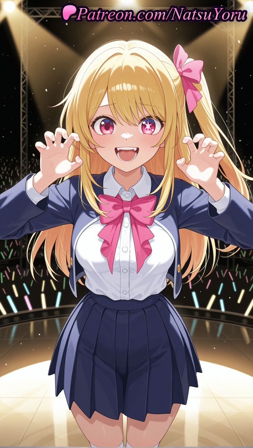 ai_generated anime anime_style audience bangs big_breasts blazer blonde_hair blouse blue_jacket blue_skirt blush bow bowtie breasts bust claw_pose collared_shirt cowboy_shot cropped_jacket dress_shirt fangs female_focus glowstick hair_between_eyes hair_bow hair_ribbon hands_up hentai high-waist_skirt high_quality high_res high_resolution hoshino_ruby idol jacket long_hair long_sleeves looking_at_viewer mismatched_pupils natsuyoru one_side_up open_clothes open_jacket open_mouth oshi_no_ko patreon pink_bow pink_bowtie pink_eyes pink_ribbon pleated_skirt red_eyes ribbon school_uniform shirt shirt_tucked_in side_ponytail sidelocks skirt smile spotlight stage stage_lights standing star-shaped_pupils star_(symbol) star_in_eye stockings symbol-shaped_pupils symbol_in_eye teeth voluptuous voluptuous_female white_legwear white_shirt white_thighhighs youtou_high_school_uniform zettai_ryouiki