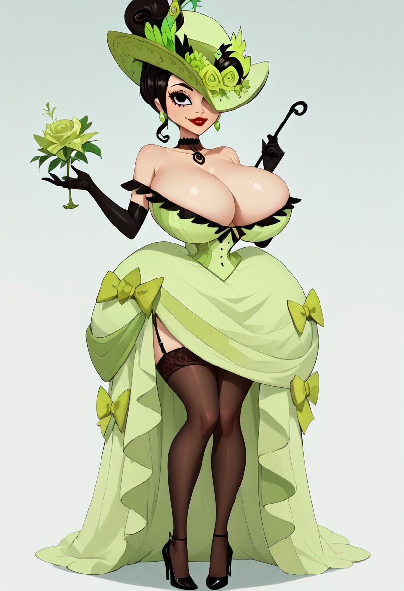 ai_generated big_ass big_breasts black_eyes black_hair earrings green_dress hat josephine_clench samurai_jack self_upload stable_diffusion