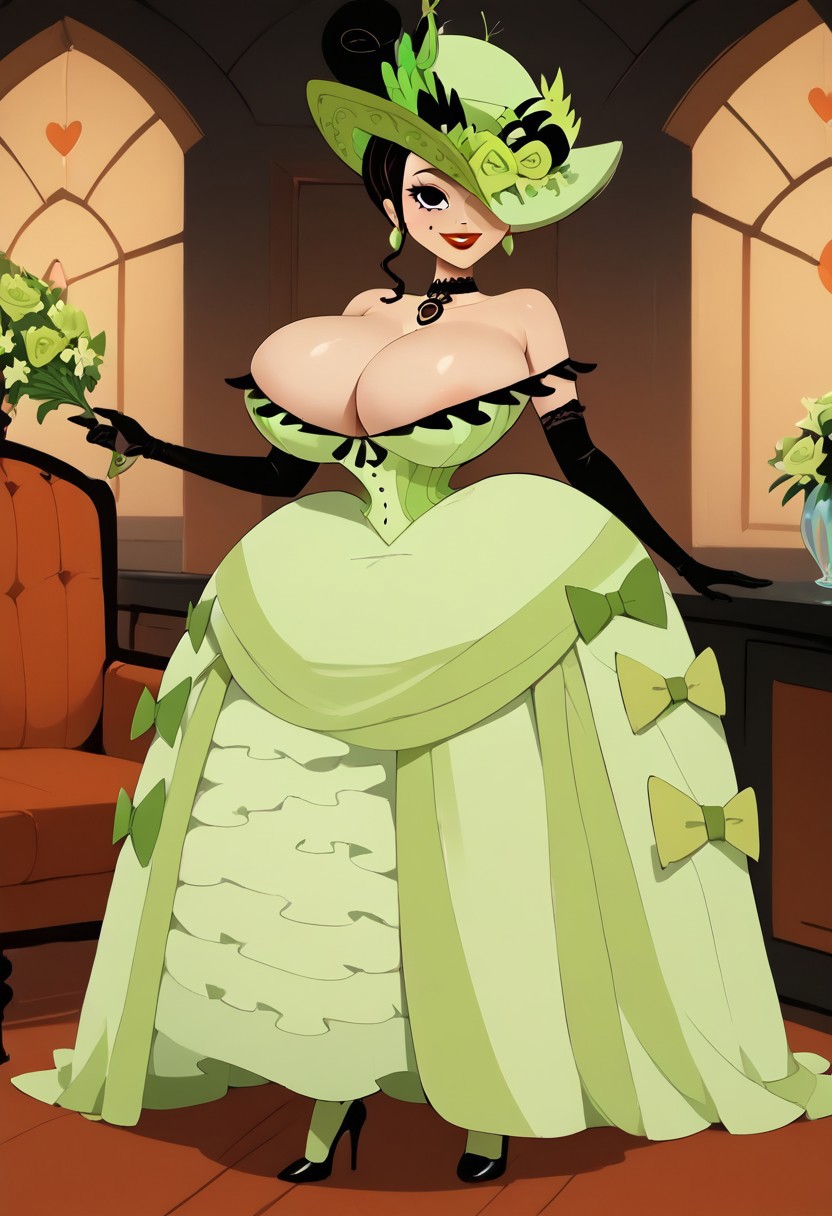 ai_generated big_breasts black_eyes black_hair dat_ass earrings gigantic_ass green_dress hat josephine_clench samurai_jack self_upload stable_diffusion