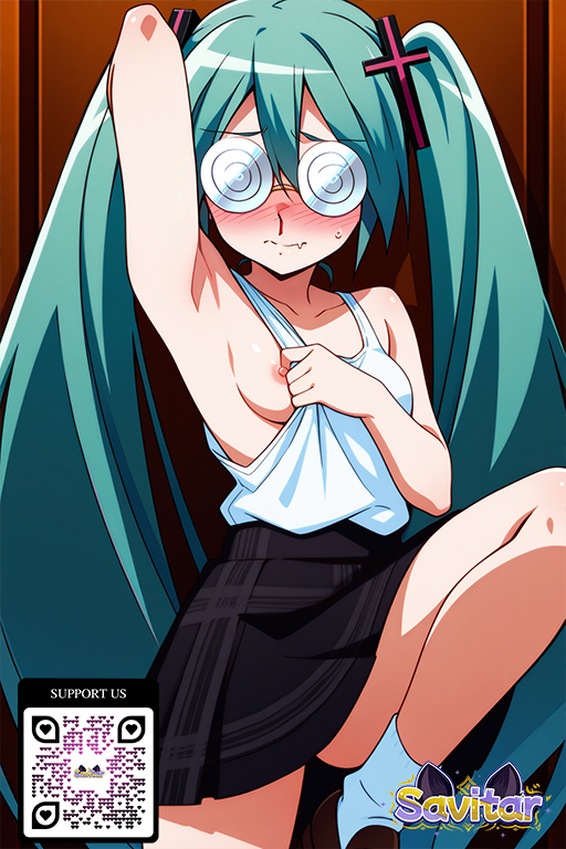 1girl 1girl 1girl @_@ ai_generated aqua_eyes aqua_hair armpits bangs bare_shoulders black_clothes black_skirt blue_eyes blush breasts clothing coke-bottle_glasses cross eyewear footwear glasses hair_between_eyes hair_ornament littlehentai long_hair looking_at_viewer miku_hatsune nipples pleated_skirt savitar savitar_(artist) shirt shoes sitting skirt sleeveless sleeveless_shirt small_breasts socks sweat tied_hair twin_tails very_long_hair vocaloid white_shirt