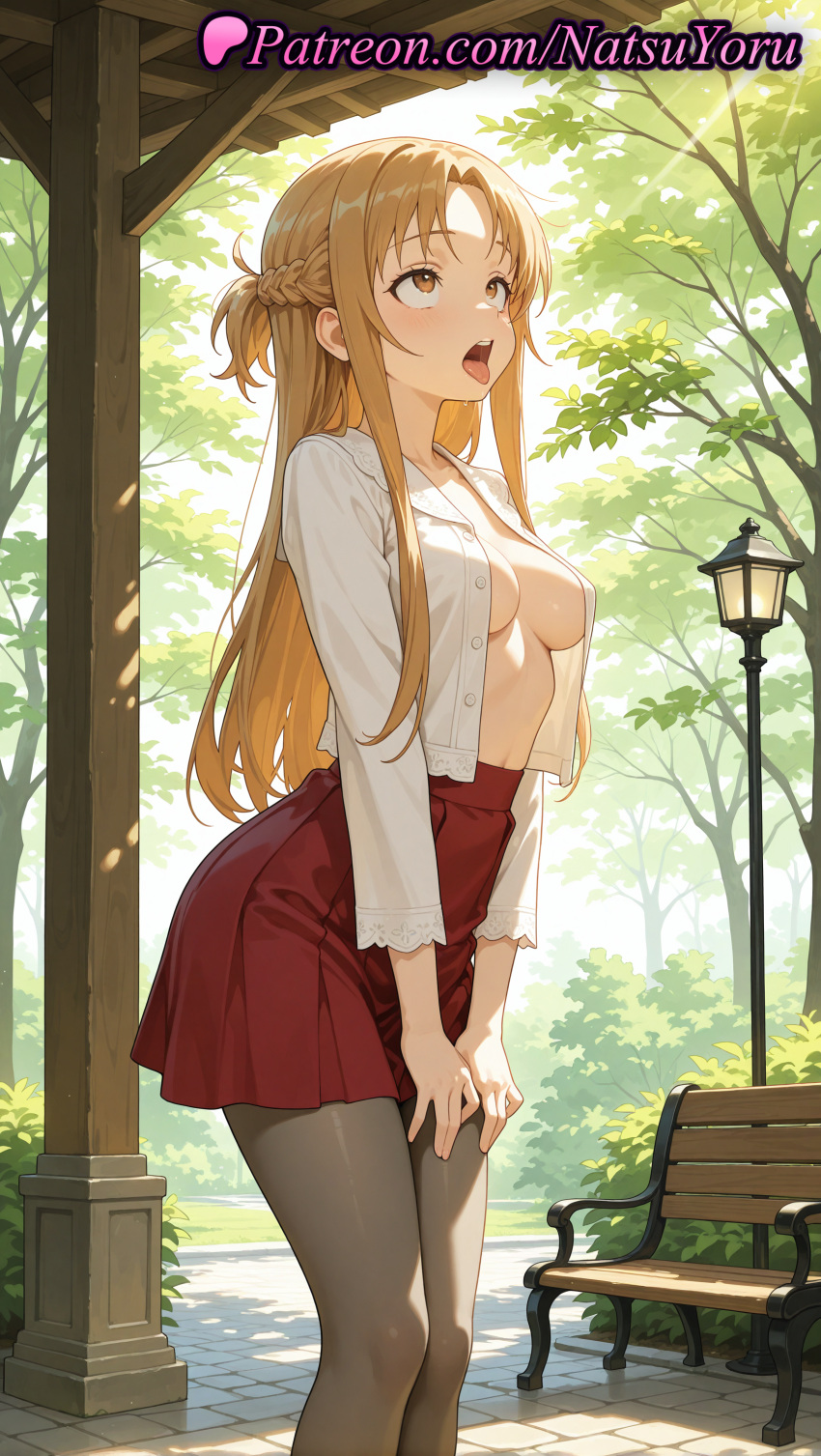 2025 ahegao ai_assisted ai_generated anime anime_style asuna_(sao) bangs bench big_breasts black_pantyhose blonde_hair blush braid breasts brown_eyes brown_hair brown_pantyhose bush bust buttons clothing collarbone collared_shirt day dress_shirt feet_out_of_frame female_focus female_solo french_braid grey_pantyhose half_updo hentai high-waist_skirt high_quality high_res high_resolution lamppost legs long_hair long_sleeves looking_up medium_breasts miniskirt natsuyoru navel nipples nipples_outside no_bra open_clothes open_mouth open_shirt oral_invitation outside pantyhose park park_bench parted_bangs patreon pleated_skirt red_skirt saliva shirt shirt_tucked_in short_ponytail skirt stable_diffusion standing sunlight sword_art_online sword_art_online_alicization teeth tongue tongue_out tree uncensored_nipples upper_teeth_only voluptuous voluptuous_female white_shirt yuuki_asuna