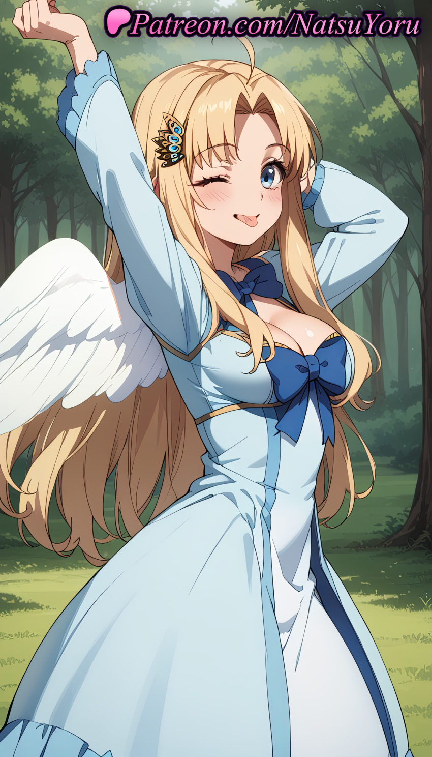 2025 ahoge ai_generated angel_wings anime anime_style arm_up arms_up bangs big_breasts bird_wings blonde_hair blue_bow blue_bowtie blue_dress blue_eyes blush bow bowtie breasts bust cleavage day dress feathered_wings female_focus filo_(tate_no_yuusha_no_nariagari) forest hair_intakes hair_ornament hentai high_quality high_res high_resolution long_hair long_sleeves looking_at_viewer medium_breasts natsuyoru nature one_eye_closed outside parted_bangs patreon smile stable_diffusion stretching tate_no_yuusha_no_nariagari the_rising_of_the_shield_hero tongue tongue_out tree very_long_hair voluptuous voluptuous_female white_dress white_wings wings