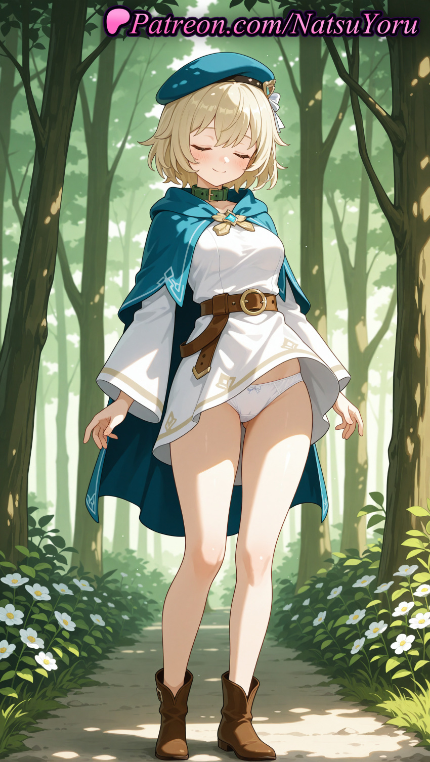 2025 ai ai_generated anime anime_style arms_at_sides ass_visible_through_thighs bangs bare_legs belt beret big_breasts blonde_hair blue_cape blue_headwear blush boots bow bow_panties breasts brown_belt brown_footwear bust cameltoe cape choker closed_eyes closed_mouth clothes_lift collar day delicious_in_dungeon dress dungeon_meshi elf facing_viewer falin_touden female_focus flower forest full_body grass green_cape hair_flower hair_ornament hat hentai high_quality high_res high_resolution hood hood_down hooded_cape long_sleeves medium_breasts natsuyoru nature neck_ring outside panties pantyshot patreon pointy_ears short_dress short_hair smile stable_diffusion standing thighs tree underwear voluptuous voluptuous_female white_dress white_flower white_panties wind wind_lift