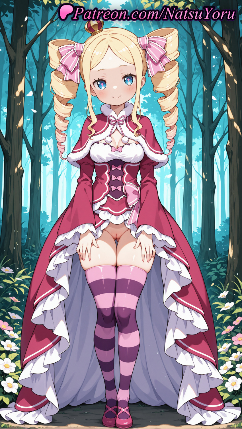 2025 ai_assisted ai_generated anime anime_style ass_visible_through_thighs beatrice_(re:zero) big_breasts blonde_hair blue_eyes blush bow breasts bust capelet cleavage cleft_of_venus closed_mouth crown day dress drill_hair female_focus flower forest frilled_dress frilled_sleeves frills full_body fur-trimmed_capelet fur_trim hair_ribbon hentai high_quality high_res high_resolution long_hair long_sleeves looking_at_viewer medium_breasts mini_crown natsuyoru nature no_panties outside parted_bangs patreon pink_bow pink_ribbon pink_thighhighs purple_thighhighs pussy re:zero_kara_hajimeru_isekai_seikatsu red_capelet red_dress ribbon shawl shoes sidelocks skindentation small_breasts smile stable_diffusion standing stockings striped striped_clothes striped_thighhighs symbol-shaped_pupils thigh_gap thighs tree twin_drills twin_tails uncensored voluptuous voluptuous_female wide_sleeves