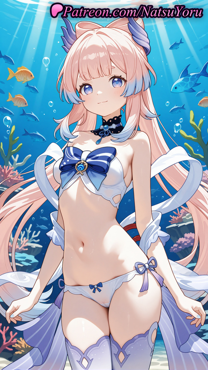 2025 ai_generated air_bubble anime anime_style asian bandeau bangs bare_arms bare_shoulders big_breasts bikini black_choker blue_bow blue_eyes blue_gemstone blue_hair blunt_bangs blush bow bow-shaped_hair bow_panties bowtie breasts bubble bust cameltoe choker closed_mouth colored_tips coral cowboy_shot detached_collar female_focus fish frills genshin_impact gradient_hair hair_ornament hentai high_quality high_res high_resolution lace-trimmed_choker long_hair looking_at_viewer medium_breasts multicolored_hair natsuyoru navel panties patreon pink_hair purple_eyes purple_thighhighs sangonomiya_kokomi side-tie_bikini_bottom sidelocks small_breasts smile stable_diffusion standing stockings stomach strapless strapless_bikini sunlight swimsuit thick_eyebrows thighs twin_tails two-tone_hair underwater underwear very_long_hair vision_(genshin_impact) voluptuous voluptuous_female water white_bikini white_panties white_thighhighs