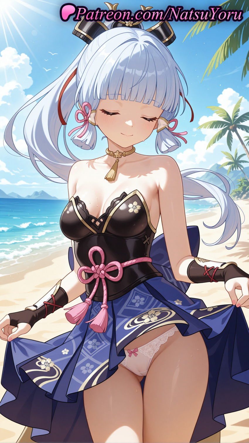 2025 ai_generated anime anime_style arm_guards armor asian ass_visible_through_thighs bangs bare_shoulders beach big_breasts blue_hair blue_skirt blue_sky blunt_bangs blunt_tresses blush bow bow_panties breastplate breasts bust cameltoe choker cleavage closed_eyes closed_mouth clothes_lift cloud collarbone cowboy_shot day facing_viewer female_focus flower_knot genshin_impact gloves gold_choker hair_ornament hair_ribbon hakama hakama_skirt hentai high_quality high_res high_resolution hoyoverse japanese_armor japanese_clothes kamisato_ayaka kamisato_ayaka_(springbloom_missive) lifted_by_self light_blue_hair long_hair medium_breasts mihoyo mole mole_under_eye natsuyoru neck_ring neck_tassel ocean outside palm_tree panties patreon ponytail ribbon sidelocks skirt skirt_lift sky smile stable_diffusion standing strapless sunlight tassel thigh_gap thighs tree underwear voluptuous voluptuous_female water wet white_hair white_panties