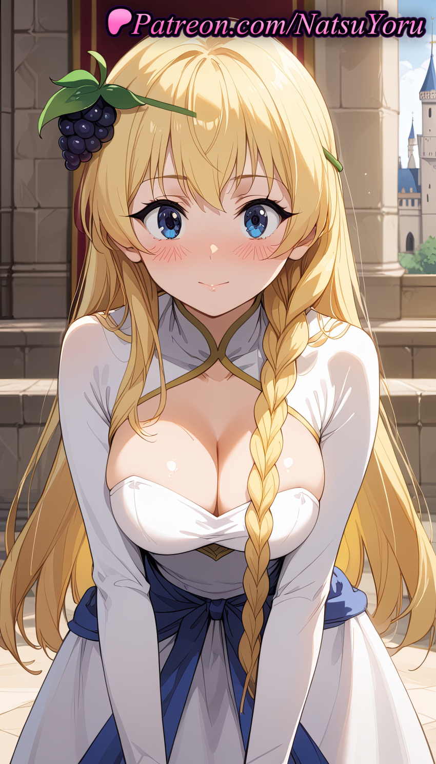 2025 ai_generated anime anime_style asian bangs big_breasts blonde_hair blue_eyes blush braid breasts bust cleavage cleavage_cutout closed_mouth clothing_cutout collarbone day dress female_focus food food-themed_hair_ornament fruit grapes hair_ornament hentai high_quality high_res high_resolution iris_(konosuba) kono_subarashii_sekai_ni_shukufuku_wo! leaning_forward long_hair long_sleeves looking_at_viewer natsuyoru outside patreon side_braid single_braid smile stable_diffusion very_long_hair voluptuous voluptuous_female white_dress