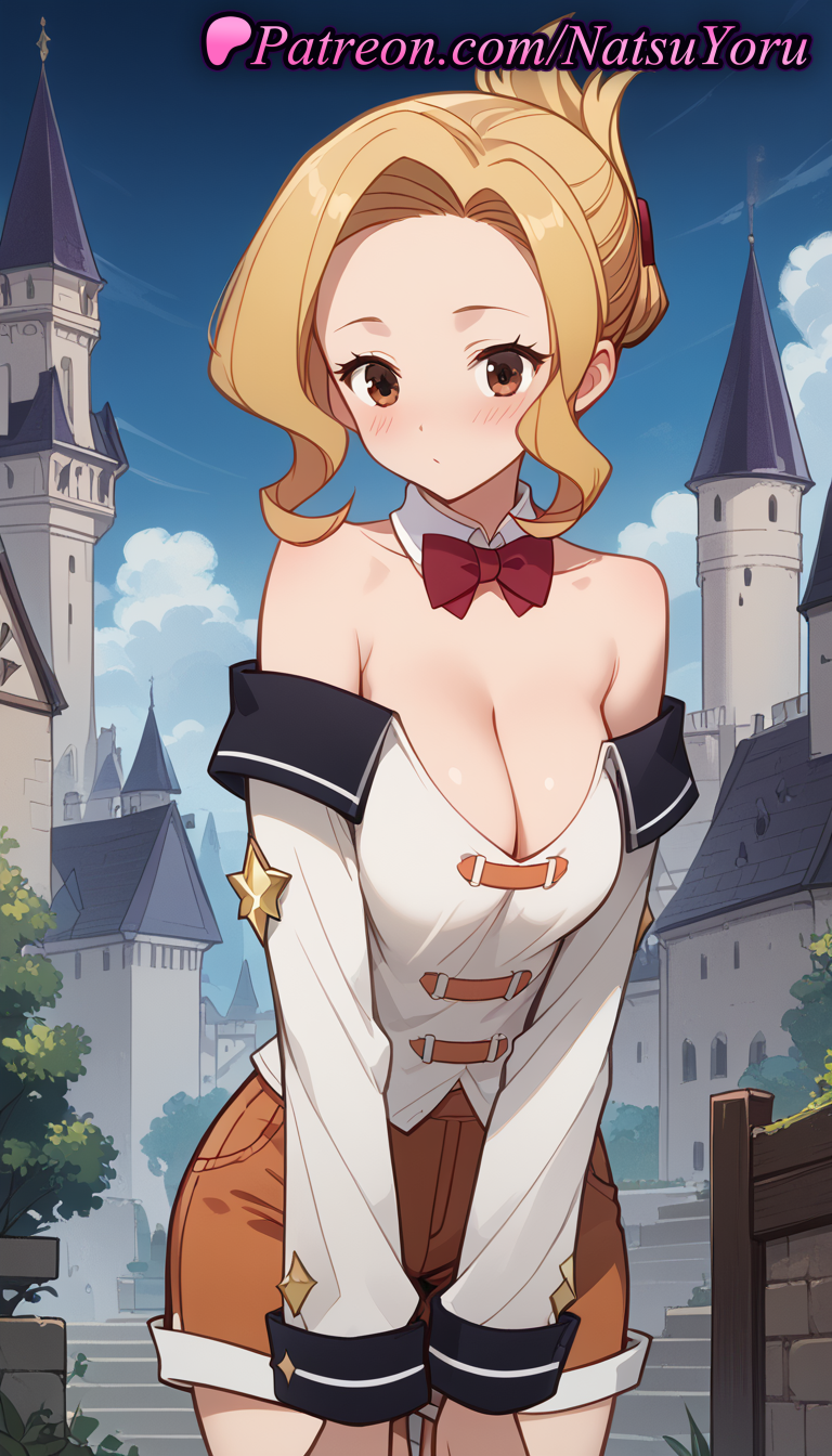 2025 ai_generated anime anime_style bare_shoulders big_breasts blonde_hair blue_sky blush bow bowtie breasts brown_eyes brown_shorts building bust castle cleavage closed_mouth cloud collarbone cowboy_shot day detached_collar detached_sleeves female_focus female_solo folded_ponytail forehead garter_belt hair_bun hentai high_quality high_res high_resolution kono_subarashii_sekai_ni_shukufuku_wo! leaning_forward long_sleeves looking_at_viewer luna_(konosuba) natsuyoru off-shoulder_shirt off_shoulder orange_shorts outside parted_bangs patreon red_bow red_bowtie shirt short_shorts shorts sidelocks skirt sky stable_diffusion stairs standing tree v_arms voluptuous voluptuous_female white_shirt