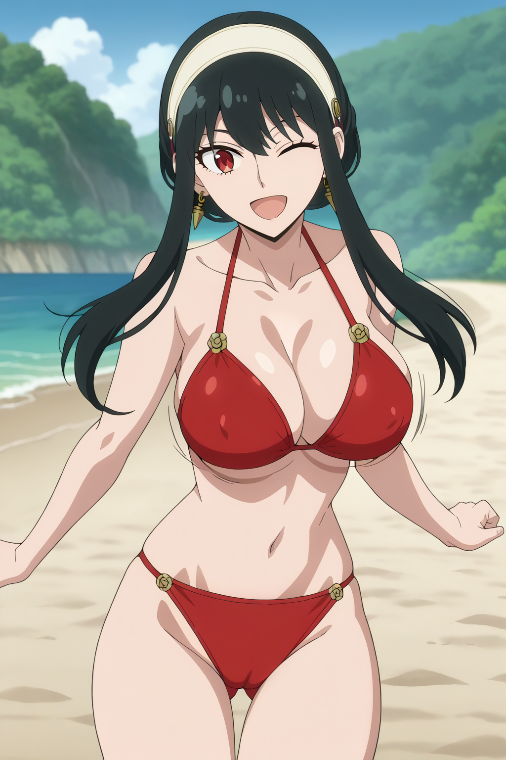 1girl accurate_art_atyle alluring androidparanoid beach big_breasts bikini black_hair bouncing_breasts cameltoe cleavage covered_nipples curvy female_only heroine huge_ass human large_ass long_hair milf nipples ocean outside pin_up red_eyes running spy_x_family straight_hair swimsuit voluptuous yor_briar yor_forger